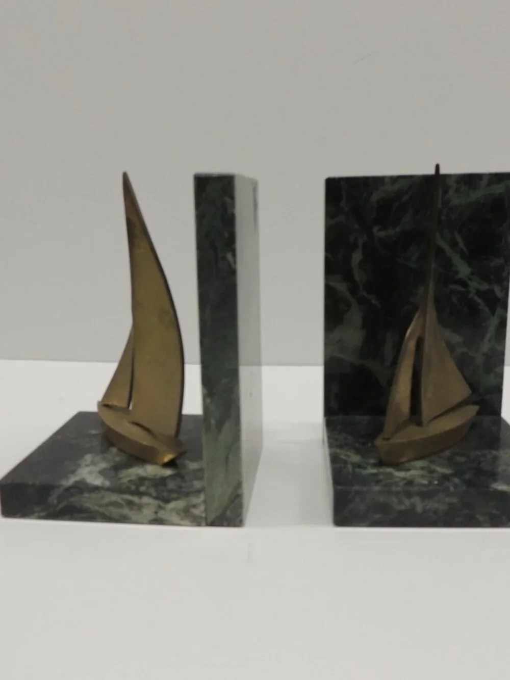 MCM Vintage Brass Sailing Boats and Green Marble Bookends